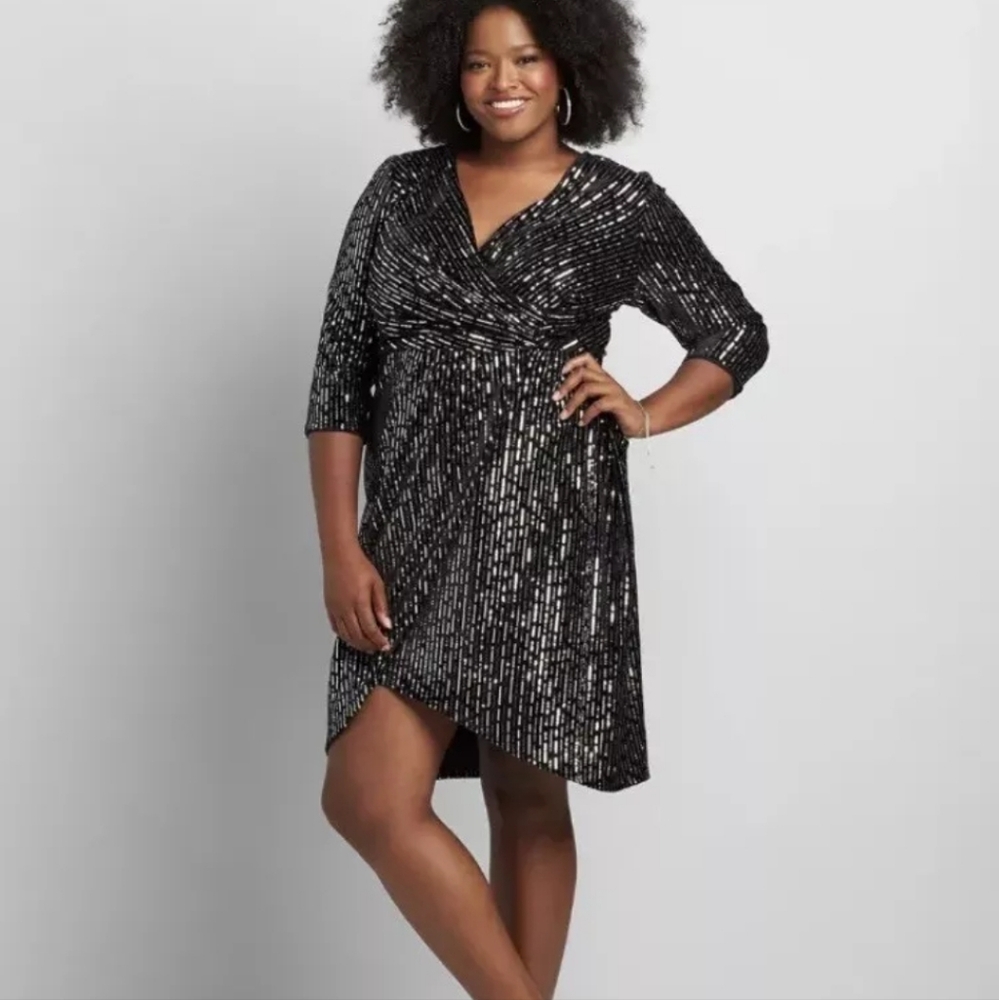 LANE BRYANT Faux Wrap SEQUIN VELVET SHEATH DRESS SZ 18 Holiday cocktail